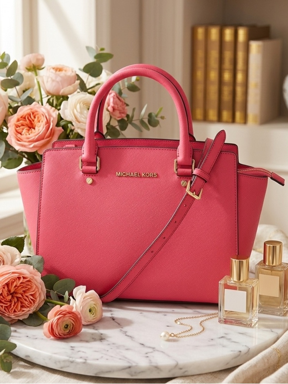 Michael Kors Selma Saffiano Leather Satchel with Strap- Watermelon 🍉